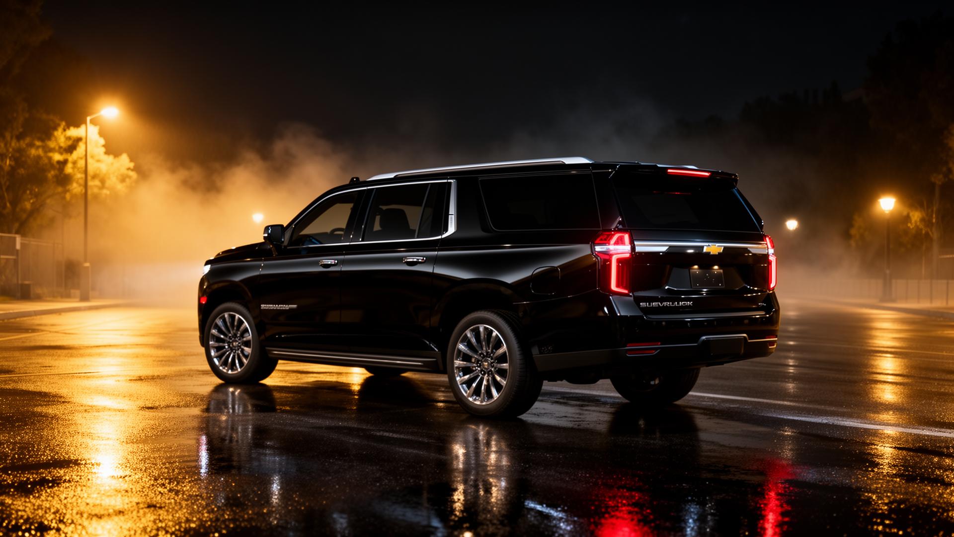 2026 Black Chevrolet Suburban at night — luxury black car service